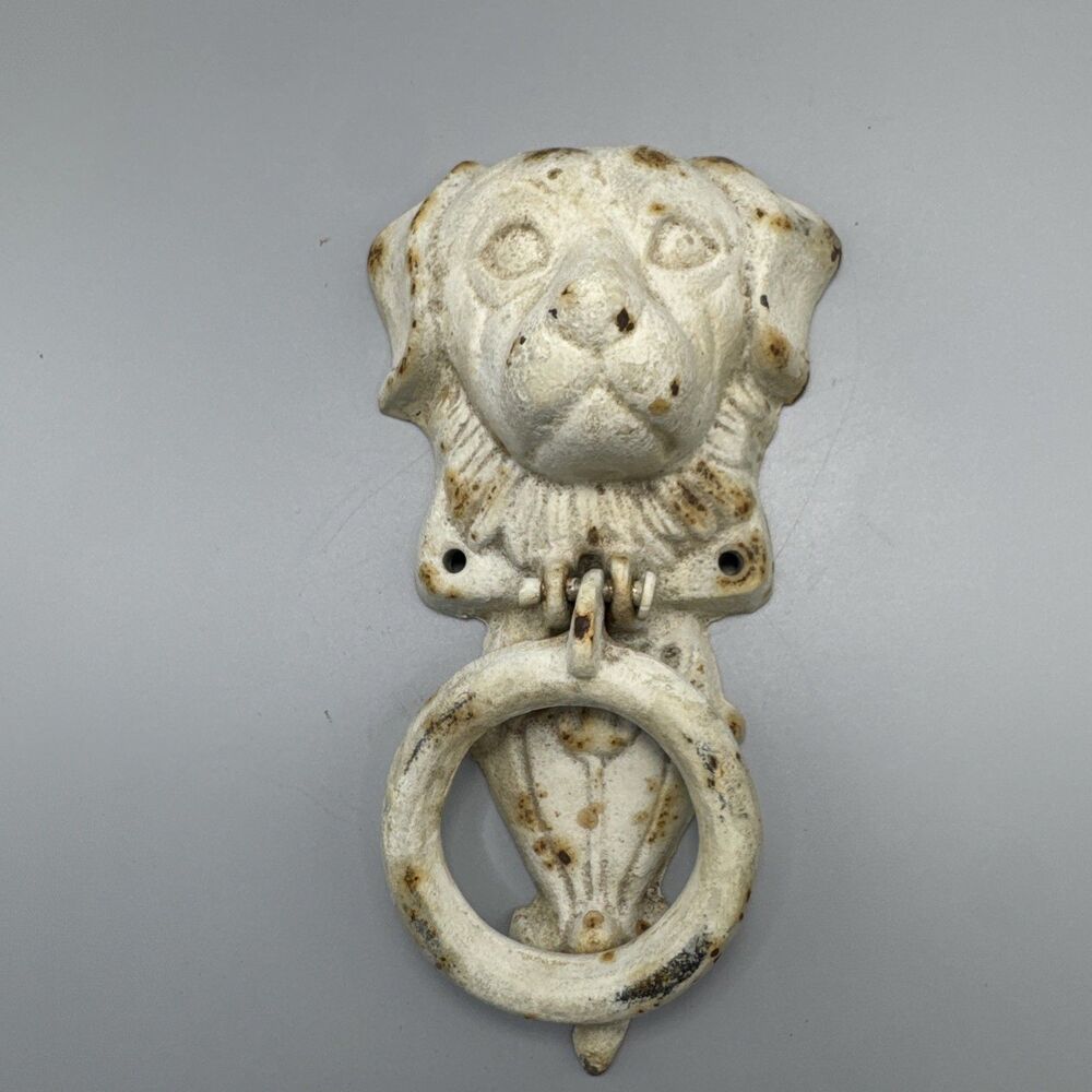 Vintage rustic Cast Iron Dog / Lab Door Knocker 6.5’ inches White W/ Rust Spots